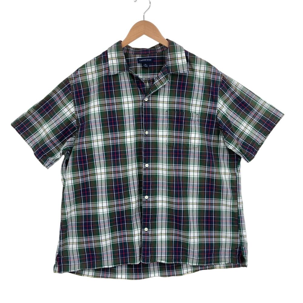 Lands' End Shirt Men XL Multi Plaid Short Sleeve Single Chest Pocket Button Down
